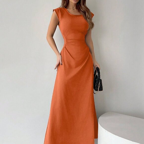 Dresses & Skirts - Orange Elegant Women's Hollow Out Pleated High Neck A-Line Dress With Waist Lace